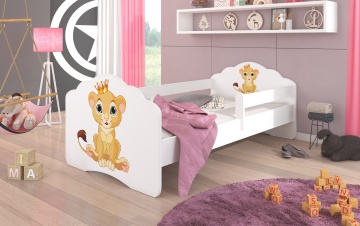 Pat copii ADRK CASIMO – 80x160 cm – cu somieră inclusă – cu barieră de protecție – Leu – Alb