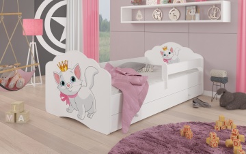 Pat copii ADRK CASIMO – 80x160 cm – cu somieră inclusă – cu ladă de depozitare – cu barieră de protecție – Pisică – Alb