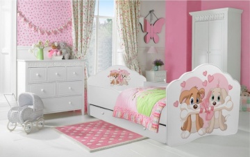 Pat copii ADRK CASIMO – 80x160 cm – cu somieră inclusă – cu ladă de depozitare – Doi căței – Alb