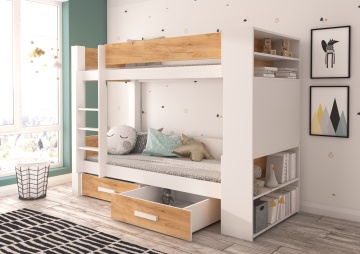 Pat copii ADRK GARET – 90x200 cm – cu somieră inclusă – cu ladă de depozitare – Alb / Stejar Auriu