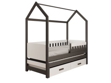 Pat copii ADRK House Jaspis – 80x180 cm – cu somieră inclusă – cu ladă de depozitare – Grafit / Alb – SKU CH-JAS-GW-180