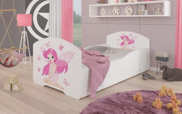 Pat copii ADRK PEPE – 80x160 cm – cu somieră inclusă – cu ladă de depozitare – Fetiță cu aripi – Alb – mobilier PAL laminat