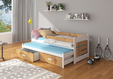 Pat copii ADRK TIARRO – 80x180 cm – cu somieră inclusă – cu ladă de depozitare – cu barieră de protecție – Alb / Stejar Artisan – SKU CH-Tia-W+ART-186-E1343