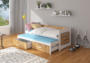 Pat copii ADRK TIARRO – 80x180 cm – cu somieră inclusă – cu ladă de depozitare – Alb / Stejar Artisan – SKU CH-Tia-W+ART-186-E1322