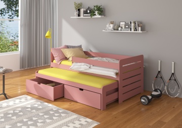 Pat copii ADRK TOMI – 80x180 cm – cu somieră inclusă – cu ladă de depozitare – cu barieră de protecție – Roz – SKU CH-Tom-P-186+M-E457
