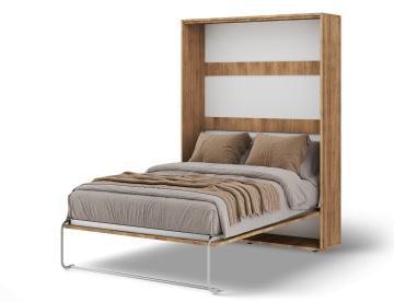 Pat rabatabil ADRK Vivario 140 – 140x200 cm – Stejar Artisan – deschis cu lenjerie bej, vedere trei sferturi
