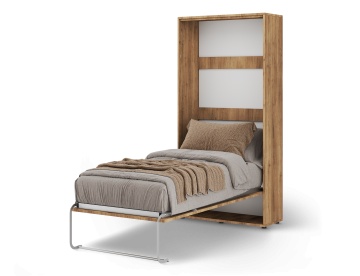 Pat rabatabil ADRK Vivario 90 – 90x200 cm – Stejar Artisan – deschis cu lenjerie bej, vedere trei sferturi