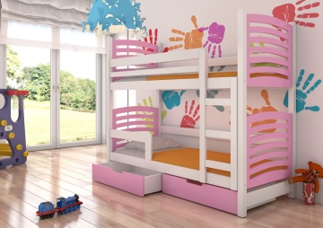 Pat supraetajat ADRK copii OSUNA – 75x180 cm – cu somieră inclusă – cu ladă de depozitare – Alb / Roz