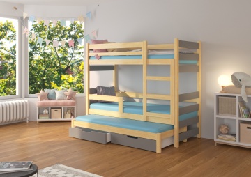 Pat supraetajat ADRK pentru 3 persoane KARLO – 75x180 cm – cu somieră inclusă – cu ladă de depozitare – Pin / Gri