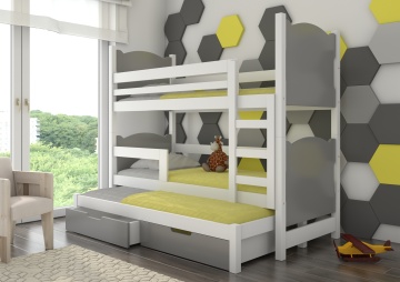 Pat supraetajat ADRK pentru 3 persoane LETICIA – 75x180 cm – Alb / Gri – prezentare completă a produsului