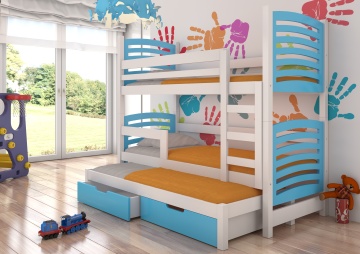 Pat supraetajat ADRK pentru 3 persoane SORIA – 75x180 cm – cu somieră inclusă – cu ladă de depozitare – Alb / Albastru