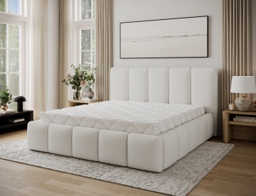Pat tapițat ELTAP Edvige, 140x200 cm, alb, Soft 17 – în ambient cu salteaua vizibilă și fără lenjerie – prezentare suplimentară a modelului