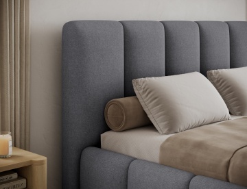 Pat tapițat ELTAP Edvige, 140x200 cm, gri, Sawana 21 – detaliu al tăbliei tapițate și al pernei decorative – cadru alternativ al produsului
