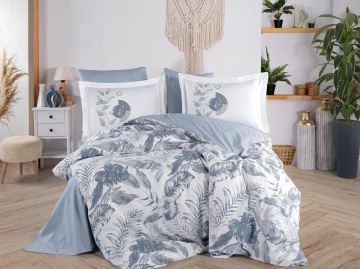 Set lenjerie de pat 4 piese pentru 2 persoane bumbac poplin 100% alb cu bleu | Tiffany | Hobby Home