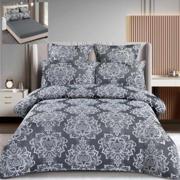 Set lenjerie de pat cu elastic, bumbac tip jacquard, 6 piese, pat 2 persoane, gri inchis, T3-09