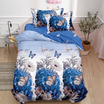 Lenjerie de pat 1 persoană Blue Flowers & Butterflies 4 piese, cu cearceaf cu elastic, Policoton – Johnny Home Pucioasa