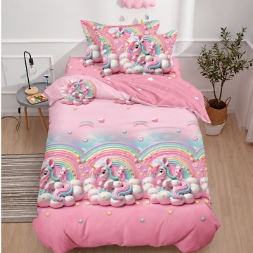 Lenjerie de pat 1 persoană Unicorn Rainbow 4 piese, cu cearceaf cu elastic, Policoton – Johnny Home