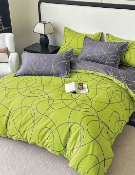 Lenjerie de Pat 2 Persoane, Tip Finet, 6 Piese, Cearșaf cu Elastic, Gri & Verde, Jojo Home, FNJE-253