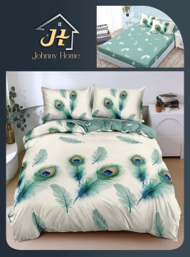 Lenjerie de pat cu elastic 2 persoane | crem si verde salvie cu pene de paun | 4 piese | Policoton fin | Johnny Home