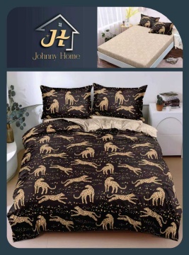 Lenjerie de pat cu elastic 2 persoane | neagra si crem cu leopard animal print | 4 piese | Policoton fin | Johnny Home