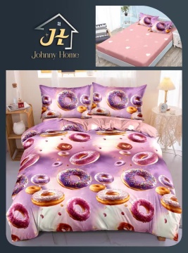 Lenjerie de pat cu elastic 2 persoane | roz si mov cu gogosi | 4 piese | Policoton fin | Johnny Home
