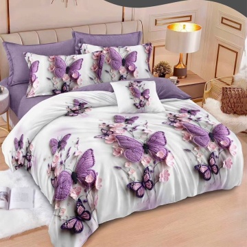 Lenjerie de pat cu elastic, policoton, 2 persoane, 6 piese, alb și lila, Elegant Home Pucioasa, T363