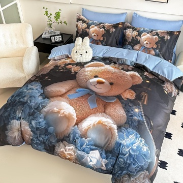 Lenjerie de pat dublu din finet 5D Bleu cu Ursuleț Teddy și Flori JOJO HOME – 6 piese cu cearceaf elastic