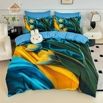 Lenjerie de pat dublu din finet 5D Golden Tulips JOJO HOME – Bleu și Galben Muștar cu Lalele – 6 piese cu cearceaf elastic