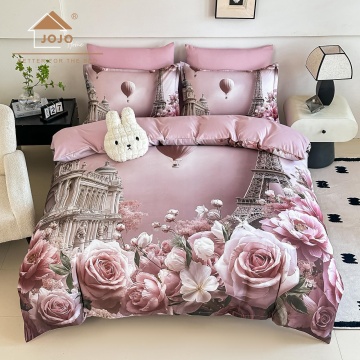 Lenjerie de pat dublu din finet 5D Roz Pudră cu Turnul Eiffel și Trandafiri JOJO HOME – 6 piese cu cearceaf elastic