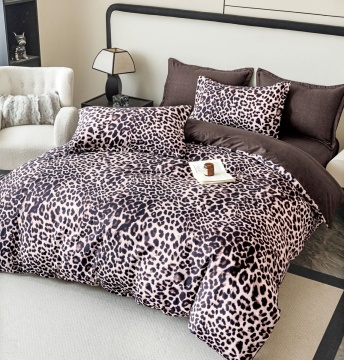 Lenjerie de pat finet, 2 persoane, 6 piese, fără elastic, leopard, roz pudră și maro, JoJo Home, FNJ-506