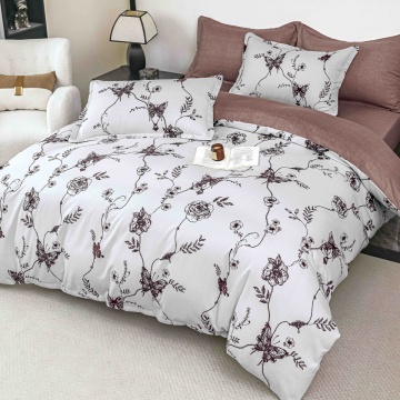 Lenjerie de pat finet cu elastic, 6 piese, alb și maro, floral, JoJo Home, FNJE-273