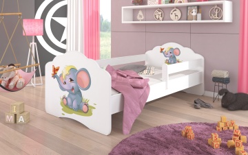Pat copii ADRK CASIMO – 70x140 cm – cu somieră inclusă – cu barieră de protecție – Elefant – Alb