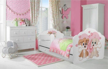 Pat copii ADRK CASIMO – 70x140 cm – cu somieră inclusă – cu ladă de depozitare – cu barieră de protecție – Doi căței – Alb