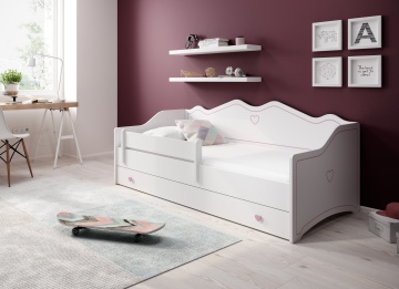 Pat copii ADRK EMKA Pink – 80x160 cm – cu somieră inclusă – cu ladă de depozitare – Alb / Roz