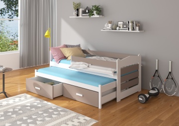 Pat copii ADRK TIARRO – 80x180 cm – cu somieră inclusă – cu ladă de depozitare – cu barieră de protecție – Alb / Trufă – SKU CH-Tia-W+T-186-E1349