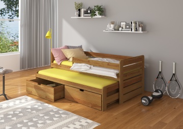 Pat copii ADRK TOMI – 90x200 cm – cu somieră inclusă – cu ladă de depozitare – cu barieră de protecție – Stejar – SKU CH-Tom-OAK-206+M-E473