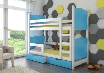 Pat supraetajat ADRK copii MARABA – 75x180 cm – cu somieră inclusă – cu ladă de depozitare – Alb / Albastru