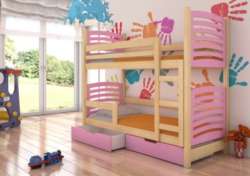 Pat supraetajat ADRK copii OSUNA – 75x180 cm – cu somieră inclusă – cu ladă de depozitare – Pin / Roz