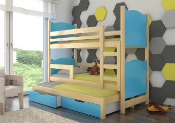 Pat supraetajat ADRK pentru 3 persoane LETICIA – 75x180 cm – cu somieră inclusă – cu ladă de depozitare – Pin / Albastru