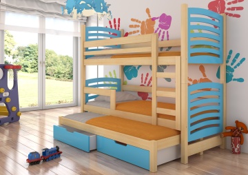Pat supraetajat ADRK pentru 3 persoane SORIA – 75x180 cm – cu somieră inclusă – cu ladă de depozitare – Pin / Albastru