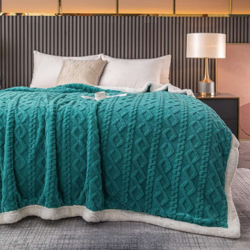 Patura cocolino cu blanita, dubla, tip sherpa, pat 2 persoane, turquoise, PDBJ-93