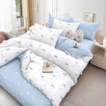 Set lenjerie de pat cu elastic și cearșaf plat, policoton, 4 piese, alb și albastru, Elegant Home Pucioasa, E202
