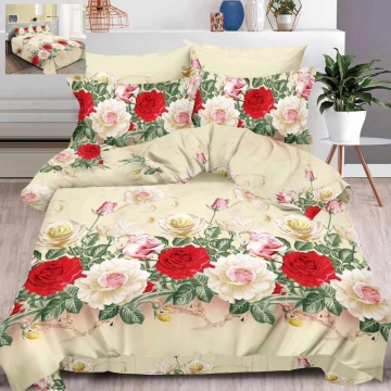 Set Lenjerie de pat, imprimeu 3D floral, pentru pat 2 persoane, 6 piese, rosu / crem, B60-12