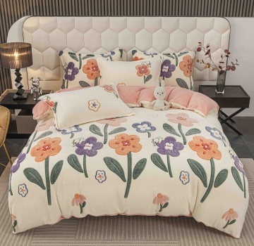 🌸 Lenjerie de Pat Cocolino 4 Piese Crem & Roz | Flori Colorate | Cu Elastic | Jojo Home