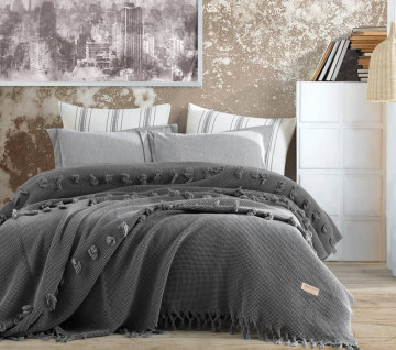 Cuvertură de lux Dantela Vita Asia, bumbac 100%, broderie, 235x250 cm, gri, CDV-02