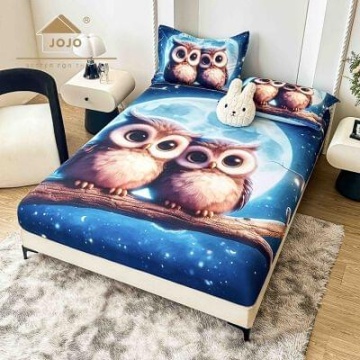 Husă de pat Finet 5D albastră cu bufnițe + 2 fețe de pernă | JoJo Home