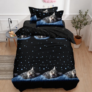 Lenjerie de pat 1 persoană Sleeping Cat 4 piese, cu cearceaf cu elastic, Policoton – Johnny Home