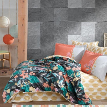Lenjerie de pat, 100% bumbac, tesatura poplin, pat 2 persoane, 4 piese, multicolor, Monstera, HBP-80