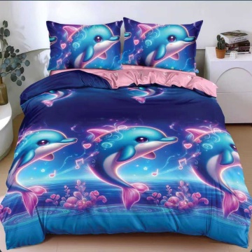 Lenjerie de pat cu delfini colorați și motive marine, 4 piese, policoton