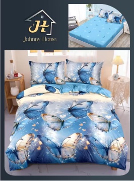 Lenjerie de pat cu elastic 2 persoane | bleu cu fluturi albastri | 4 piese | Policoton fin | Johnny Home